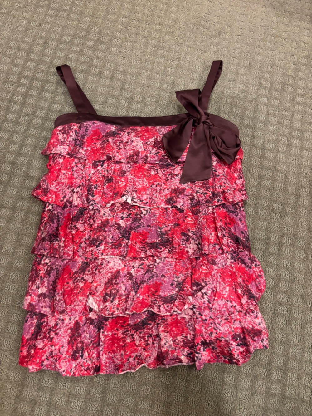 LOFT Pink Floral Tiered Ruffle Dress with Satin Waist Tie